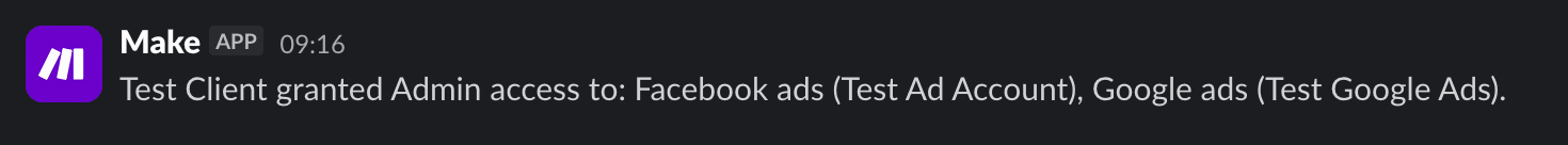 Slack message from ClientInvite: "Acme Co (hello@acme.com) connected 4 accounts: Facebook Ad Account, Facebook Page, Meta Pixel, Google Ads."