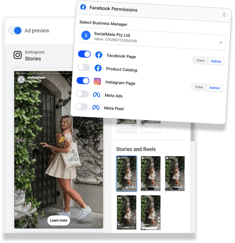 An Instagram Stories ad preview built from creator content, beside the Meta permissions panel granting Facebook Page and Instagram admin access