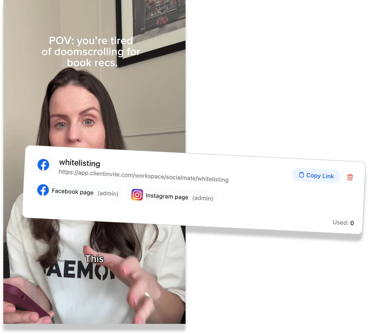 A creator video alongside the whitelisting access link granting Facebook and Instagram page admin