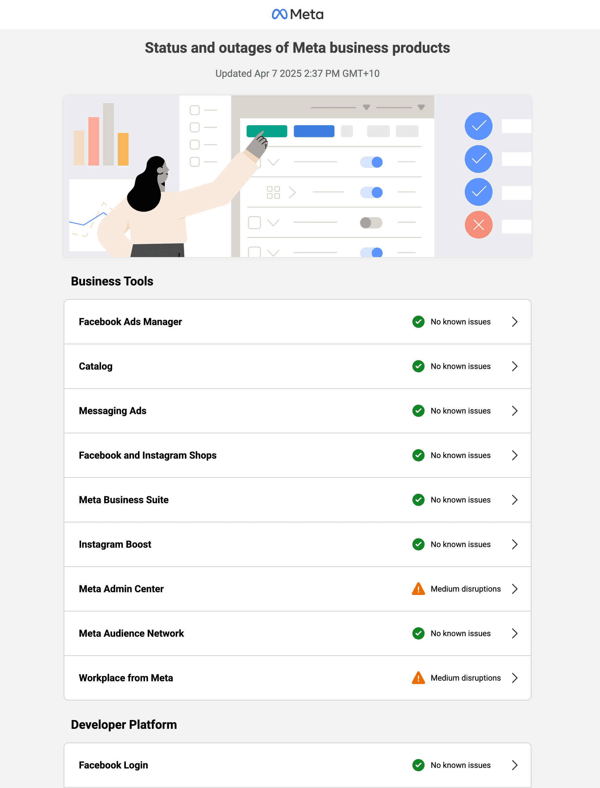 The Facebook status page is the official source. If it shows Ads Manager as down, Facebook is aware of the issue and likely working on a fix.